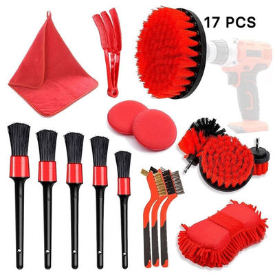 17pcs Red Drill Soft Brushes Set Car Detailing Brush Pour le lavage des pneus de roues automobiles