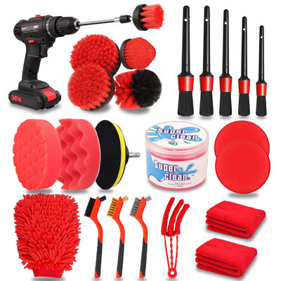 24 pièces Set de brosse détaillée de voiture Forage brosses douces Kit de lavage avec gel de nettoyage pour l' intérieur Dashboard roues extérieures