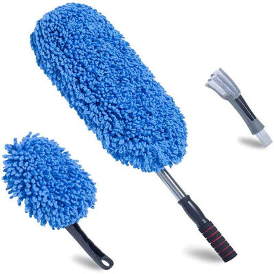 3pcs Blue Soft Duster Car Détailing Brush Microfibre Brush à roue en alliage avec poignée longue