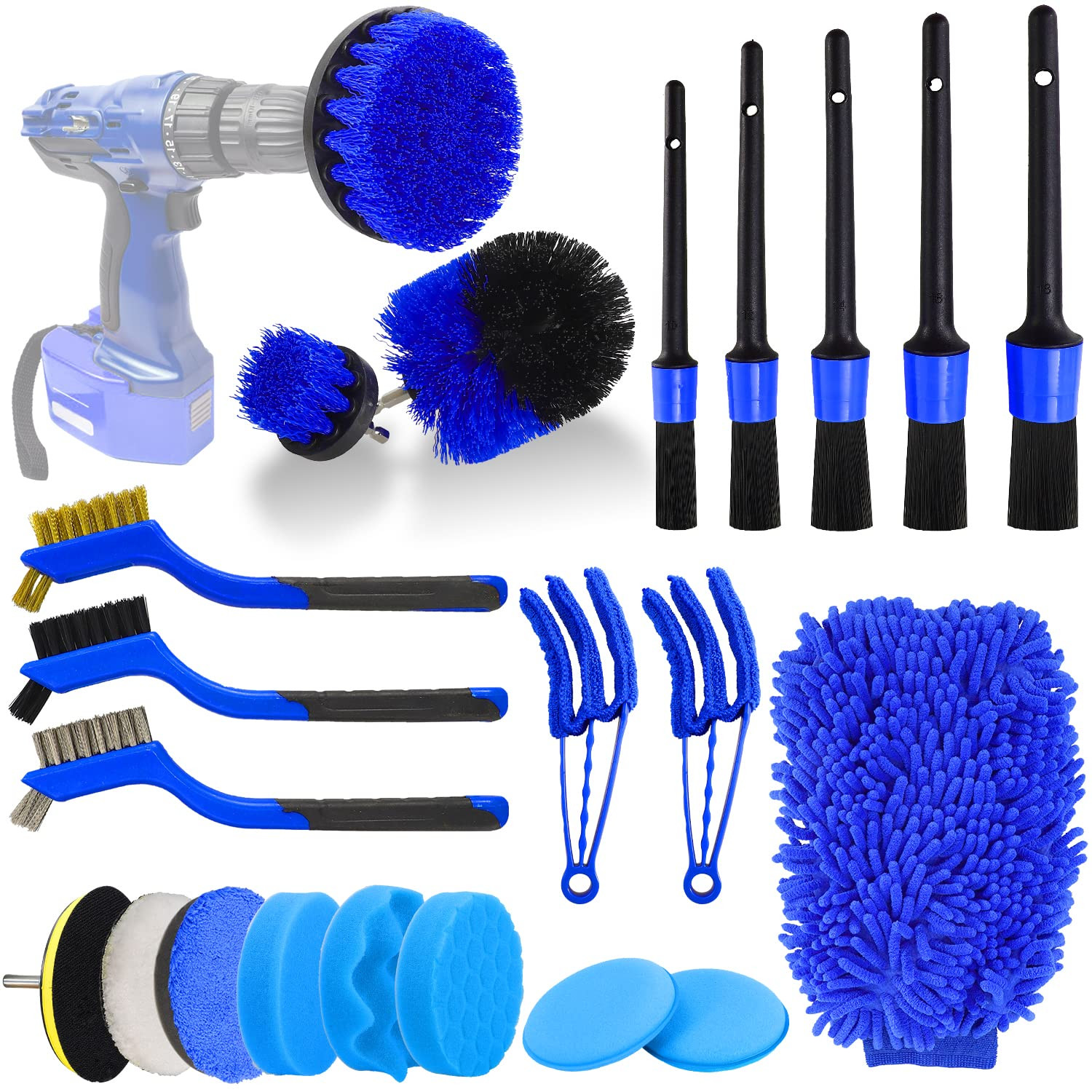 22 pièces Kit de détails de voiture pinceaux ensemble nettoyage intérieur avec forage automatique pinceau doux attachement éponge polissage pads
